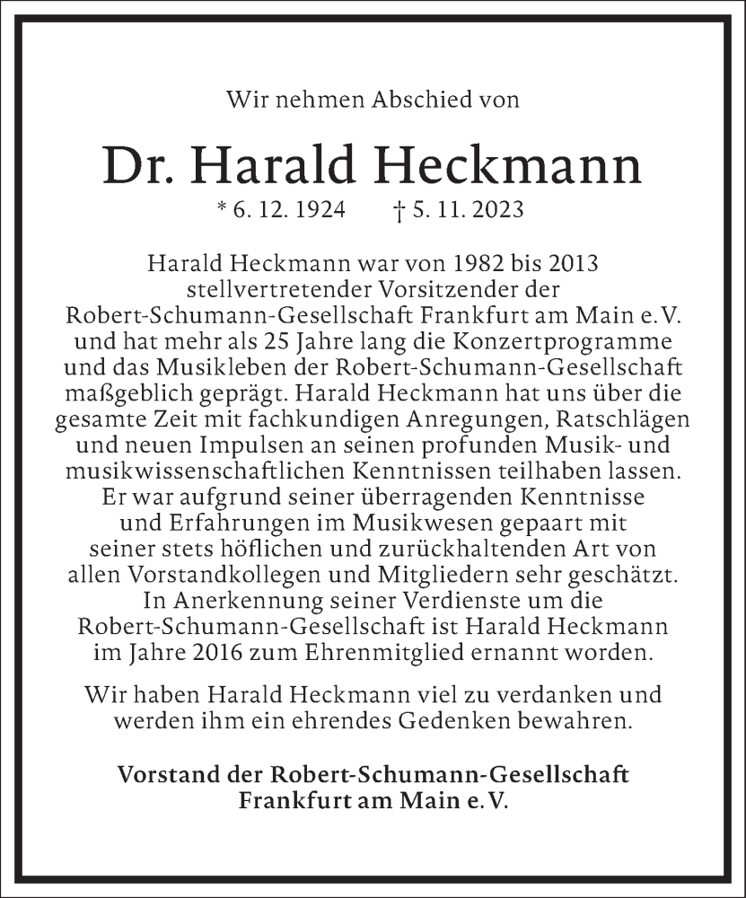  Traueranzeige für Harald Heckmann vom 11.11.2023 aus Frankfurter Allgemeine Zeitung