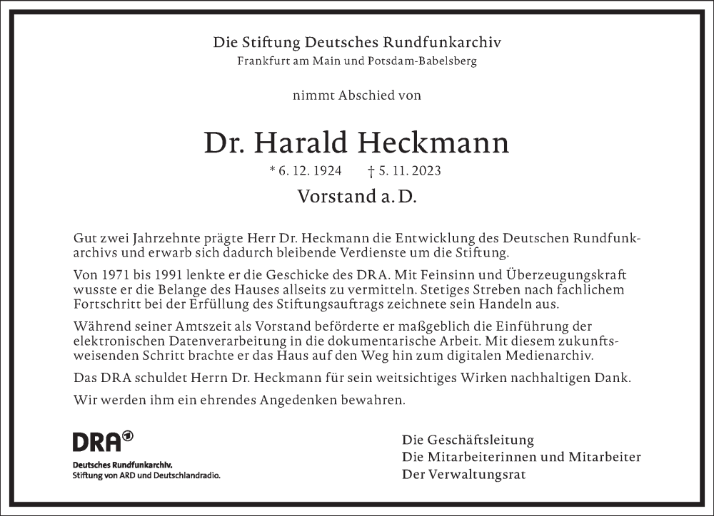 Traueranzeige für Harald Heckmann vom 11.11.2023 aus Frankfurter Allgemeine Zeitung