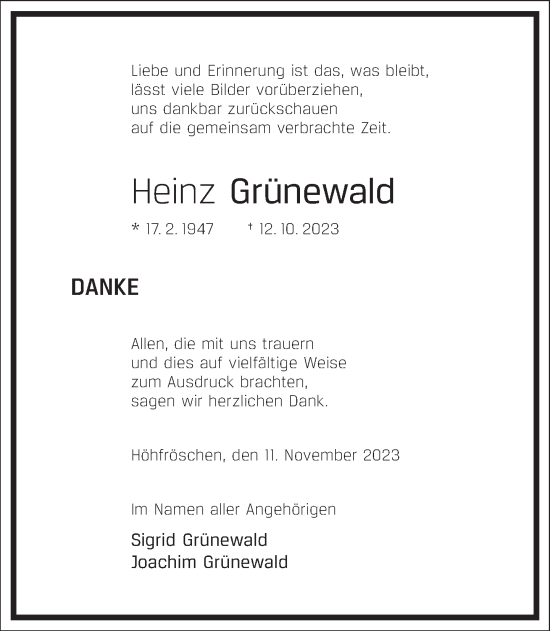 Traueranzeige von Heinz Grünewald von Frankfurter Allgemeine Zeitung