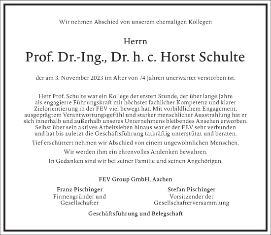 Traueranzeige von Horst Schulte von Frankfurter Allgemeine Zeitung