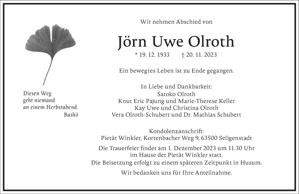  Traueranzeige für Jörn Uwe Olroth vom 25.11.2023 aus Frankfurter Allgemeine Zeitung