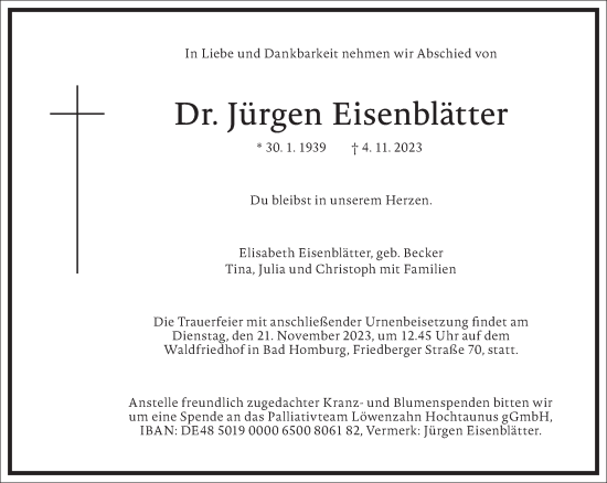 Traueranzeige von Jürgen Eisenblätter von Frankfurter Allgemeine Zeitung