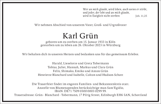 Traueranzeige von Karl Grün von Frankfurter Allgemeine Zeitung