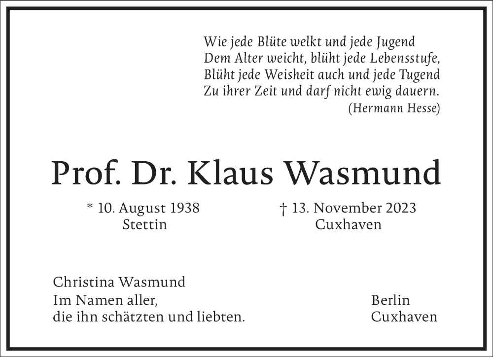  Traueranzeige für Klaus Wasmund vom 25.11.2023 aus Frankfurter Allgemeine Zeitung