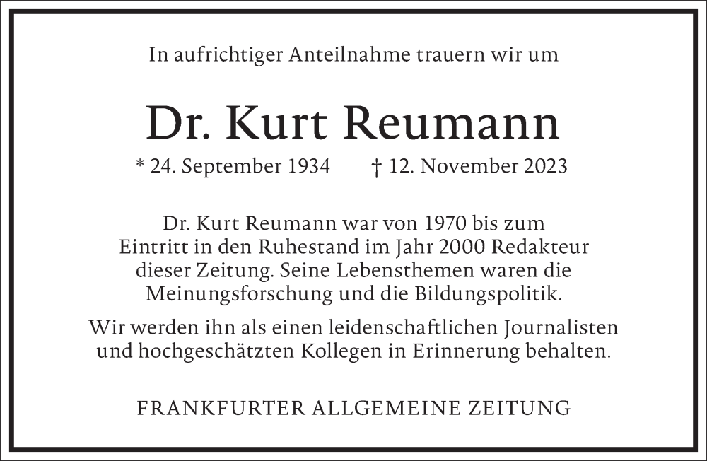  Traueranzeige für Kurt Reumann vom 16.11.2023 aus Frankfurter Allgemeine Zeitung