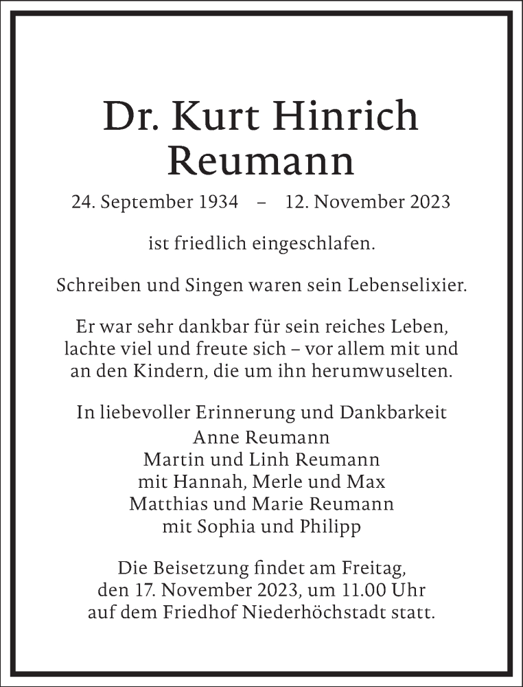  Traueranzeige für Kurt Hinrich Reumann vom 16.11.2023 aus Frankfurter Allgemeine Zeitung
