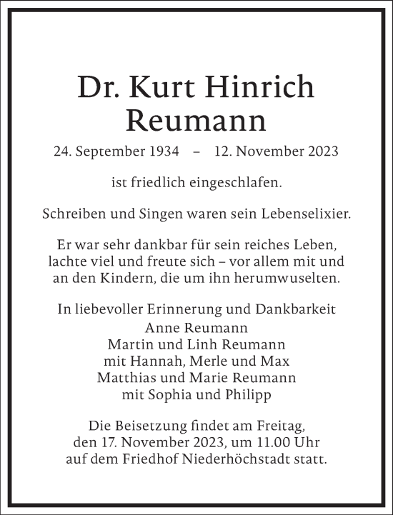 Traueranzeige von Kurt Hinrich Reumann von Frankfurter Allgemeine Zeitung