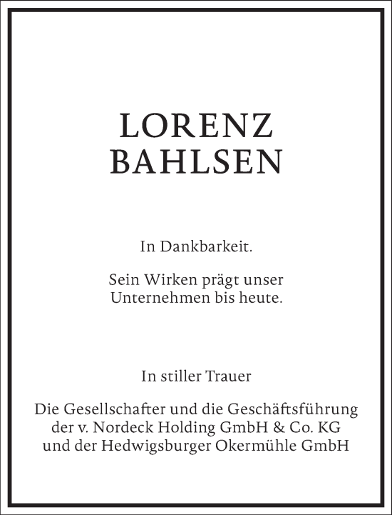 Traueranzeige von Lorenz Bahlsen von Frankfurter Allgemeine Zeitung