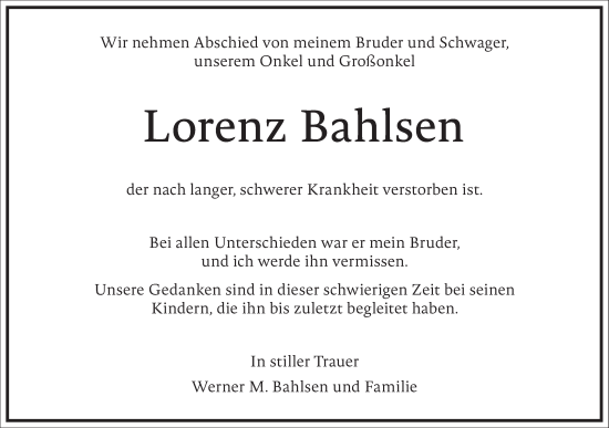 Traueranzeige von Lorenz Bahlsen von Frankfurter Allgemeine Zeitung