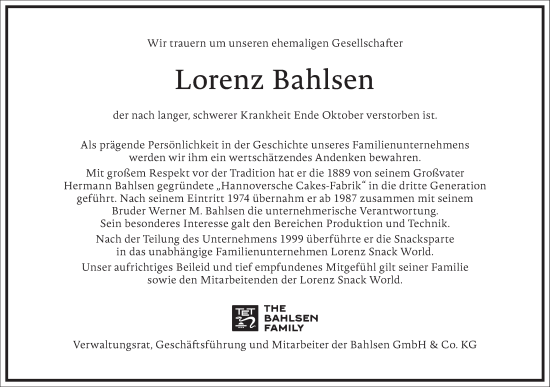 Traueranzeige von Lorenz Bahlsen von Frankfurter Allgemeine Zeitung