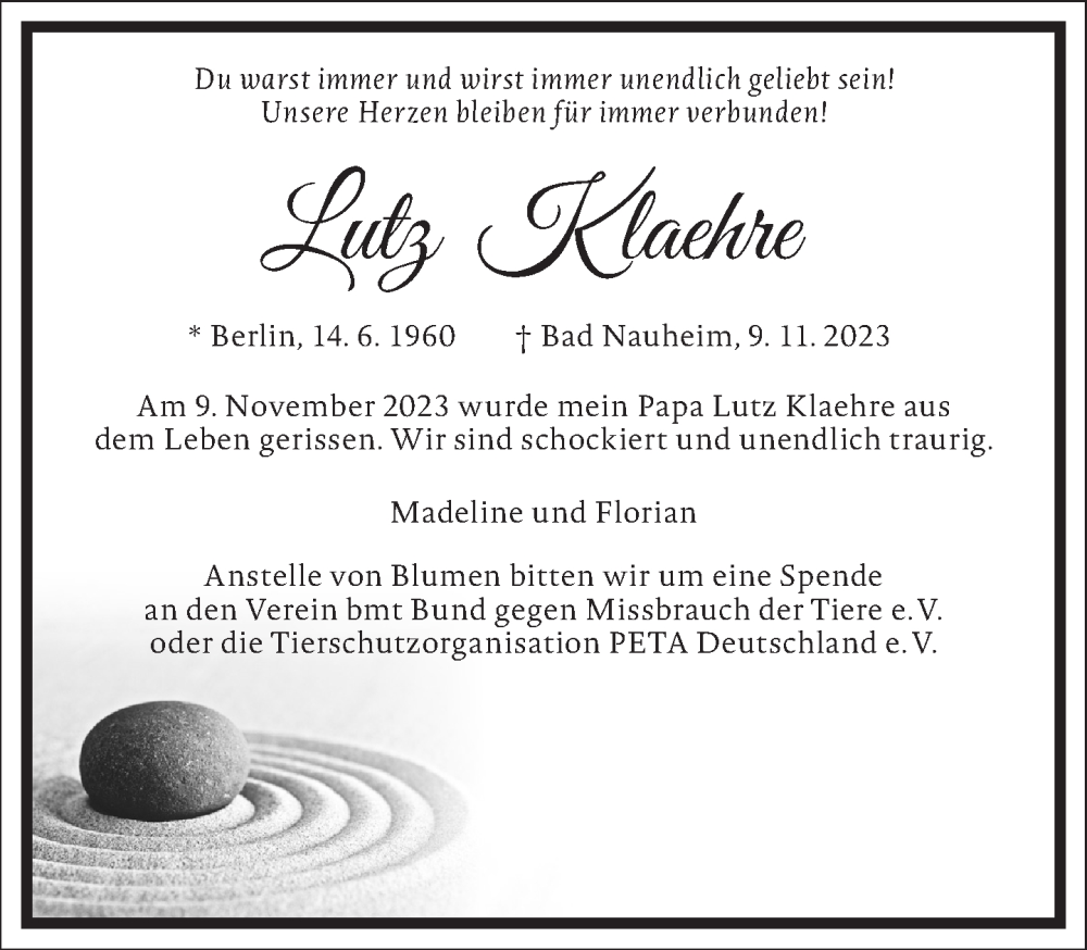  Traueranzeige für Lutz Klaehre vom 25.11.2023 aus Frankfurter Allgemeine Zeitung