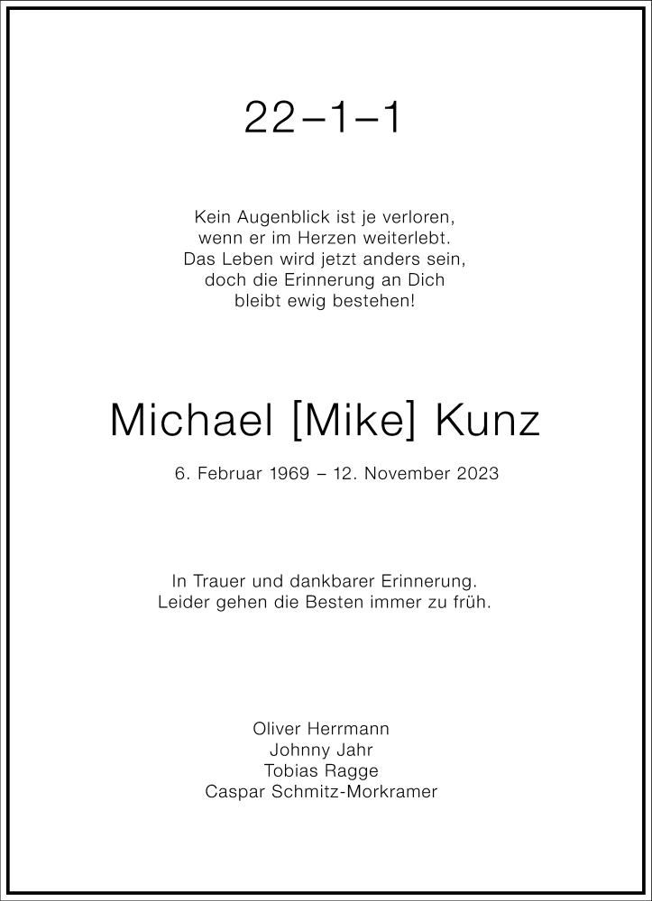  Traueranzeige für Michael Kunz vom 18.11.2023 aus Frankfurter Allgemeine Zeitung