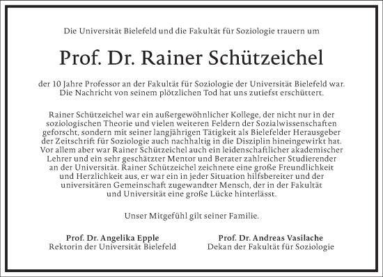 Traueranzeige von Rainer Schützeichel von Frankfurter Allgemeine Zeitung