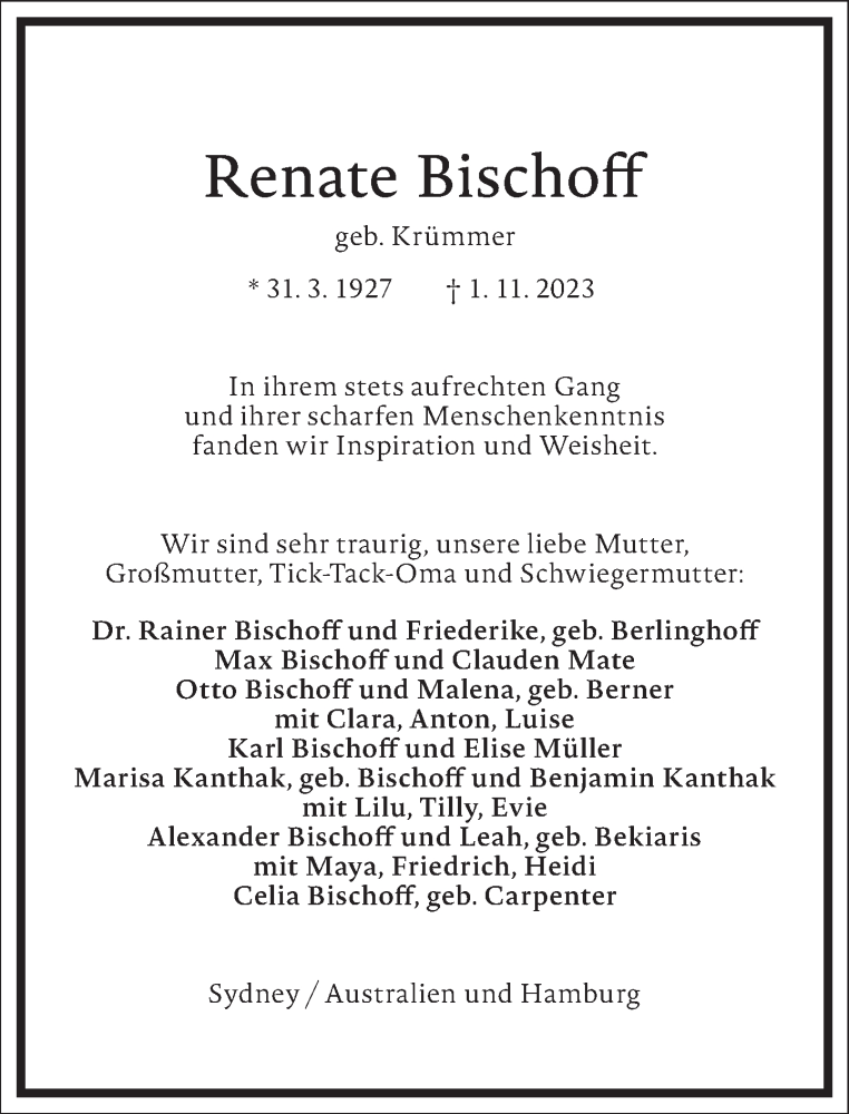  Traueranzeige für Renate Bischof vom 18.11.2023 aus Frankfurter Allgemeine Zeitung