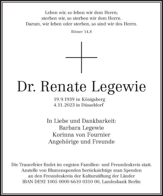 Traueranzeige von Renate Legewie von Frankfurter Allgemeine Zeitung