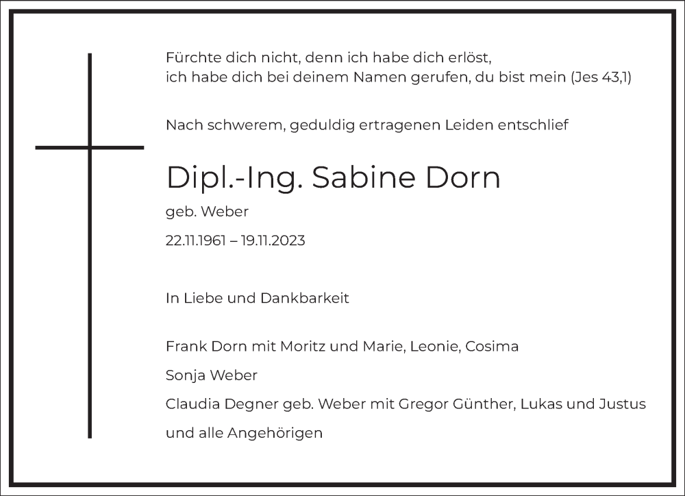  Traueranzeige für Sabine Dorn vom 25.11.2023 aus Frankfurter Allgemeine Zeitung