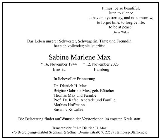 Traueranzeige von Sabine Marlene Max von Frankfurter Allgemeine Zeitung