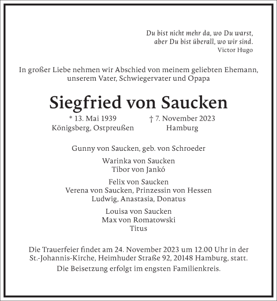 Traueranzeige von Siegfried von Saucken von Frankfurter Allgemeine Zeitung