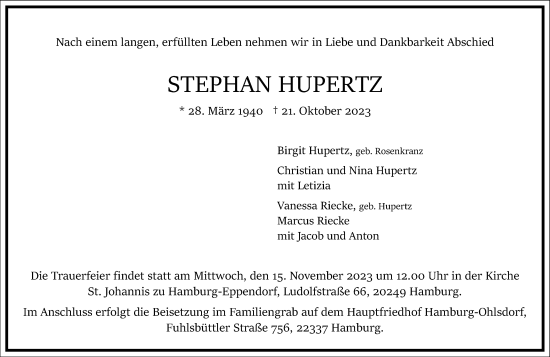 Traueranzeige von Stephan Hupertz von Frankfurter Allgemeine Zeitung