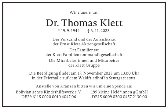 Traueranzeige von Thomas Klett von Frankfurter Allgemeine Zeitung