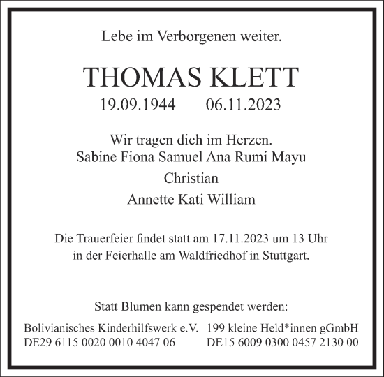 Traueranzeige von Thomas Klett von Frankfurter Allgemeine Zeitung