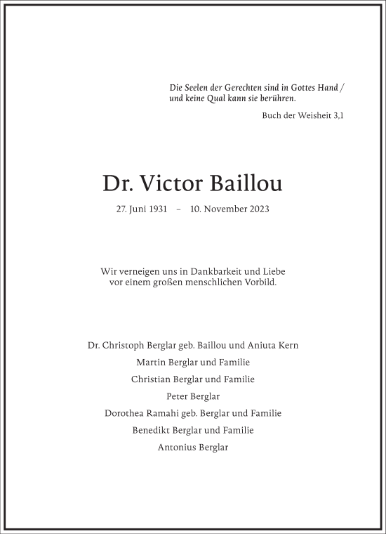 Traueranzeige von Victor Baillou von Frankfurter Allgemeine Zeitung