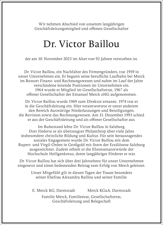 Traueranzeige von Victor Baillou von Frankfurter Allgemeine Zeitung