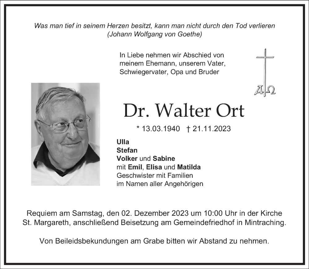  Traueranzeige für Walter Ort vom 25.11.2023 aus Frankfurter Allgemeine Zeitung