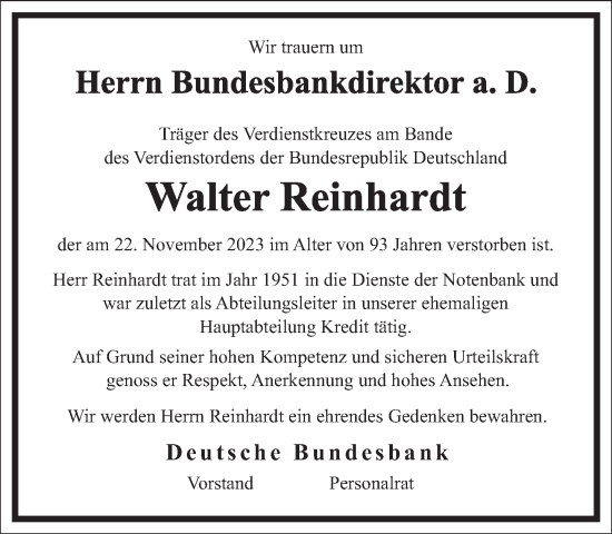 Traueranzeige von Walter Reinhardt von Frankfurter Allgemeine Zeitung