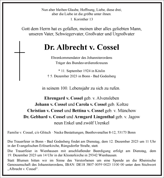 Traueranzeige von Albrecht v. Cossel von Frankfurter Allgemeine Zeitung