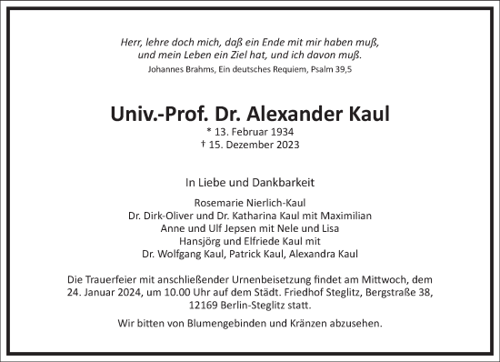 Traueranzeige von Alexander Kaul von Frankfurter Allgemeine Zeitung