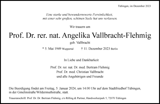 Traueranzeige von Angelika Vallbracht-Flehmig von Frankfurter Allgemeine Zeitung