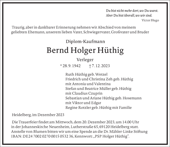 Traueranzeige von Bernd Holger Hüthig von Frankfurter Allgemeine Zeitung