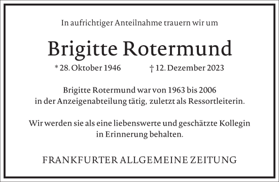 Traueranzeige von Brigitte Rotermund von Frankfurter Allgemeine Zeitung