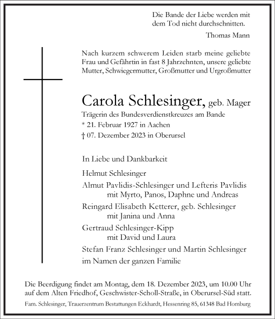 Traueranzeige von Carola Schlesinger von Frankfurter Allgemeine Zeitung