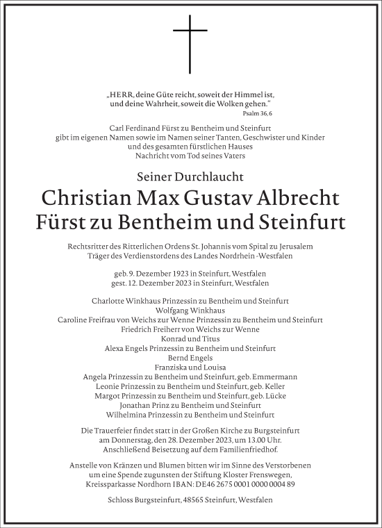 Traueranzeige von Christian Max Gustav Albrecht Fürst zu Bentheim und Steinfurt von Frankfurter Allgemeine Zeitung