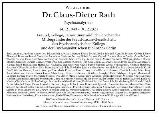 Traueranzeige von Claus-Dieter Rath von Frankfurter Allgemeine Zeitung
