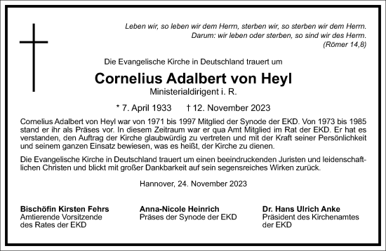 Traueranzeige von Cornelius Adalbert von Heyl von Frankfurter Allgemeine Zeitung