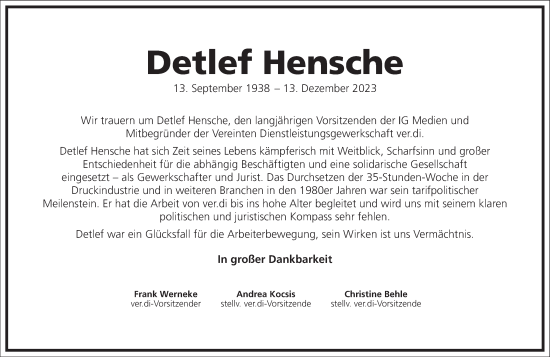 Traueranzeige von Detlef Hensche von Frankfurter Allgemeine Zeitung