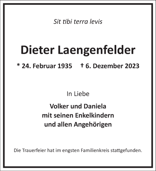 Traueranzeige von Dieter Laengenfelder von Frankfurter Allgemeine Zeitung