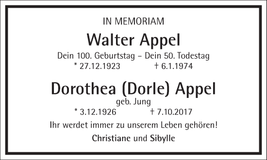 Traueranzeige von Dorothea Appel von Frankfurter Allgemeine Zeitung