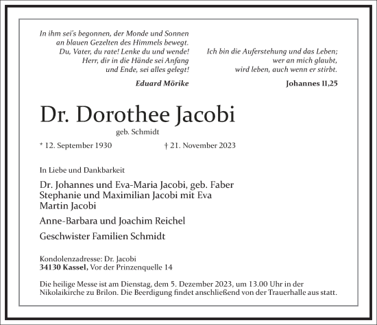 Traueranzeige von Dorothee Jacobi von Frankfurter Allgemeine Zeitung