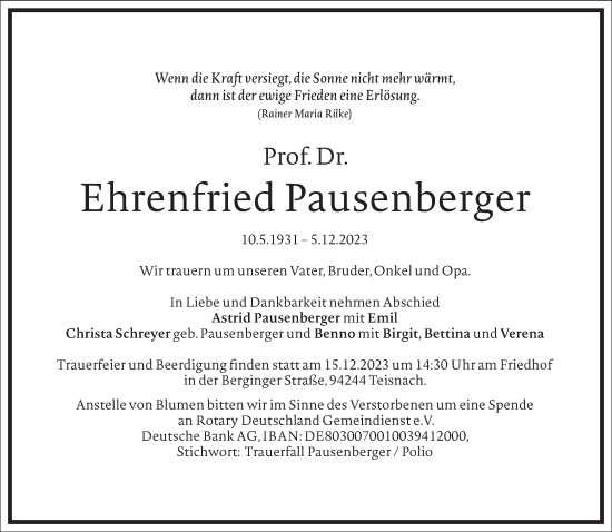 Traueranzeige von Ehrenfried Pausenberger von Frankfurter Allgemeine Zeitung