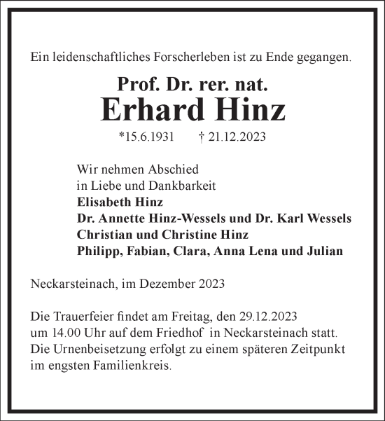 Traueranzeige von Erhard Hinz von Frankfurter Allgemeine Zeitung