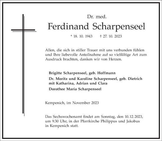 Traueranzeige von Ferdinand Scharpenseel von Frankfurter Allgemeine Zeitung