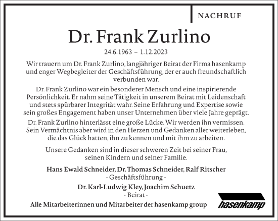 Traueranzeige von Frank Zurlino von Frankfurter Allgemeine Zeitung