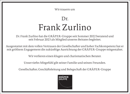 Traueranzeige von Frank Zurlino von Frankfurter Allgemeine Zeitung