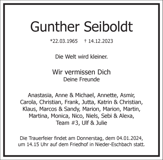 Traueranzeige von Gunther Seiboldt von Frankfurter Allgemeine Zeitung