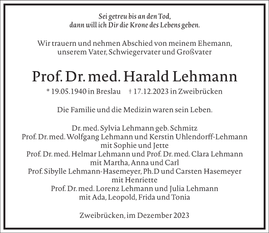 Traueranzeige von Harald Lehmann von Frankfurter Allgemeine Zeitung