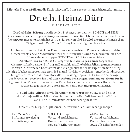 Traueranzeige von Heinz Dürr von Frankfurter Allgemeine Zeitung